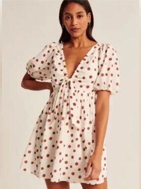 Abercrombie Polka Dot Puff Sleeve Mini Dress in Cream with Brown Dots